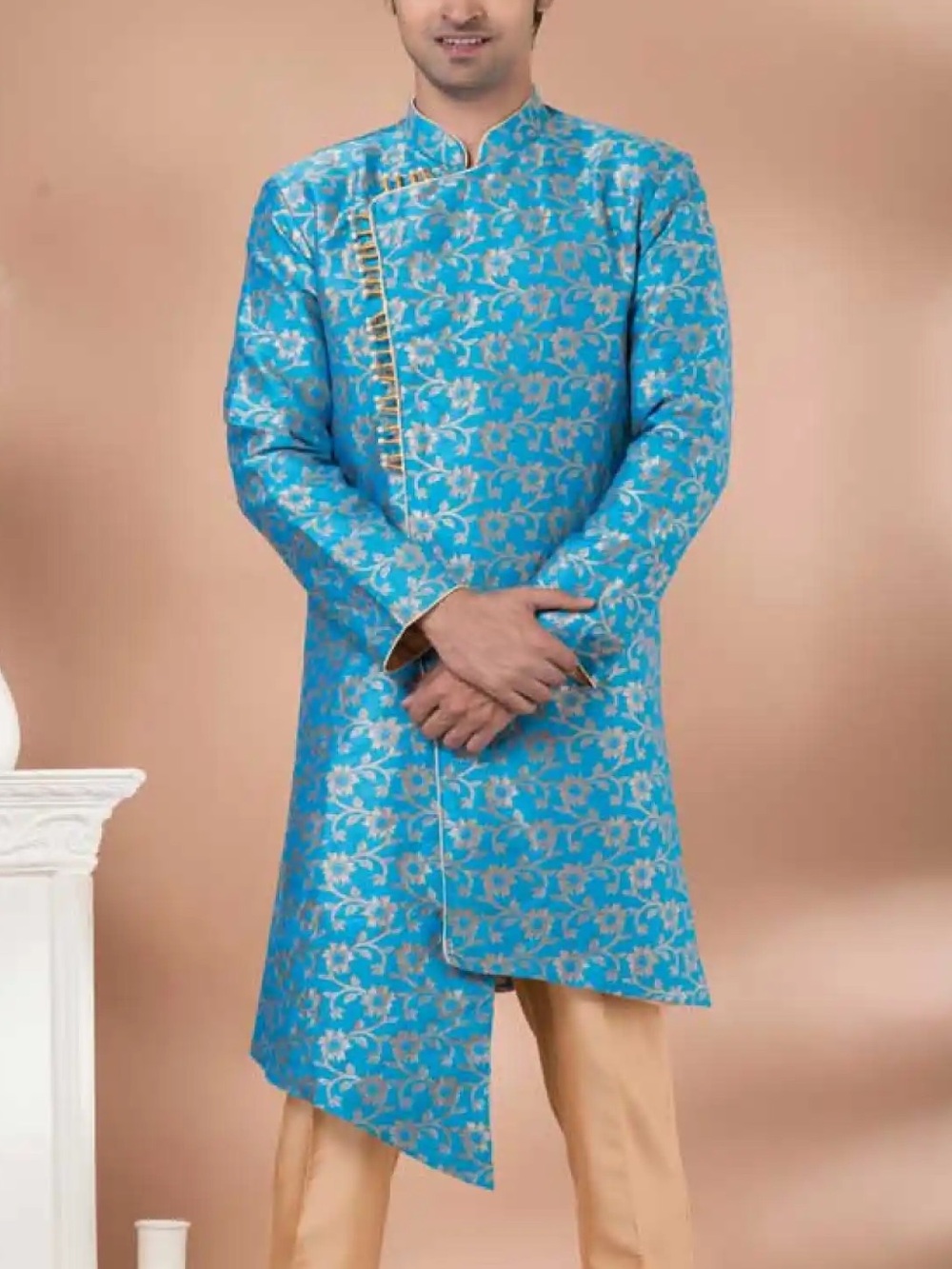 Jacquard Silk Designer Indo Western for Men in Sky Blue Color -42